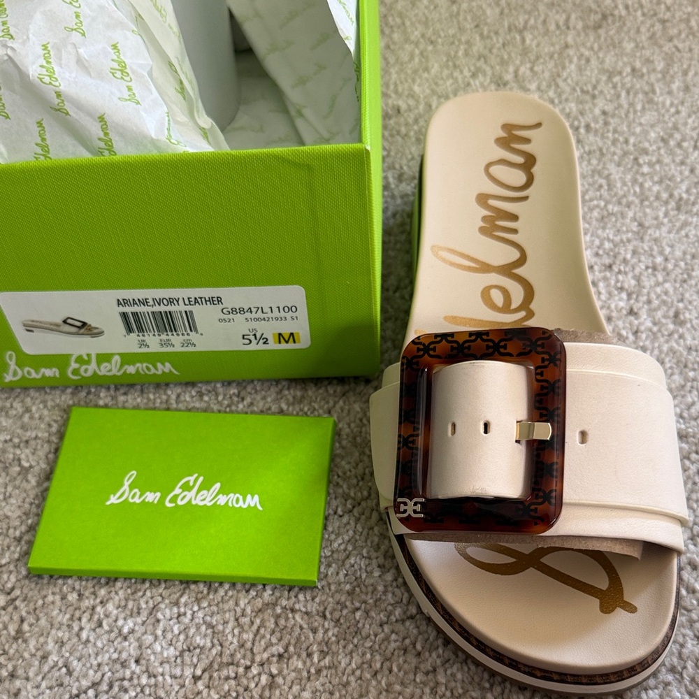 Sam Edelman Beige Slide Sandals with Tortoise Buckle